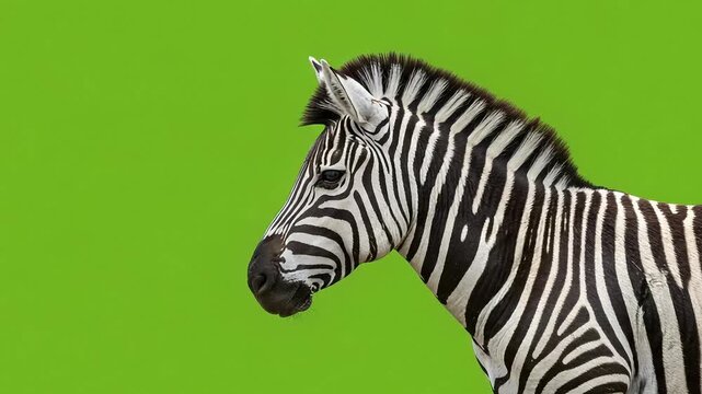 A close-up profile of a zebra against a vibrant green background, showcasing its unique stripes