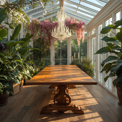 A long wooden dining table set in a sunlit conservatory, overgrown with lush, vibrant plants and cascading flowers