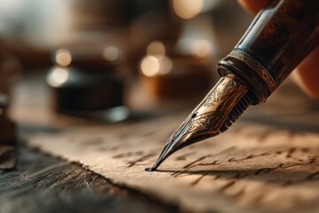Naklejka premium Elegant vintage fountain pen writing on textured parchment paper with inkwell.