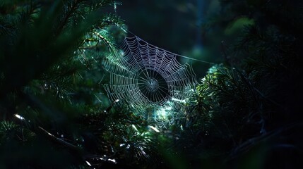 Delicate spiderweb glistening with morning dew amidst dark evergreen branches.