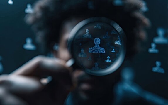 Person examining a group of digital profile icons