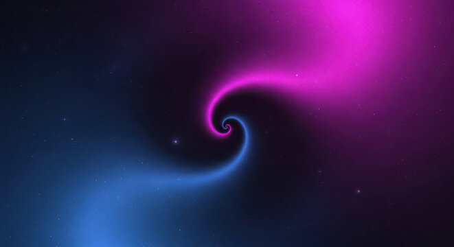 Abstract spiraling neon light on starry space background with dark theme