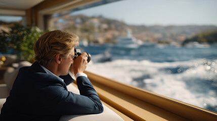Photographer on Yacht Deck Capturing Scenic Sea Views with Camera