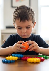 Young boy concentrating while playing with colorful educational toys