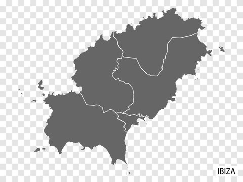 Blank map Ibiza of Spain. High quality map Ibiza with municipalities on transparent background for your web site design, logo, app, UI.  Balearic Islands. Spain. EPS10.