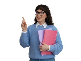 Woman with dark hair and glasses in blue sweater holding purple isolated on white transparent background png jpg business people clipping path cutout 2025 2026 4k full hd poster banner label download