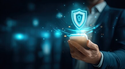 Businessperson holding phone with security shield graphic
