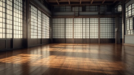 Sunlit Japanese-style empty room, wooden floor, peaceful background, ideal for meditation or design