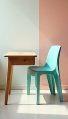 Generative AI: Composition of a Wooden Table and Aqua Chair Against Two-Tone Wall in Sunlight