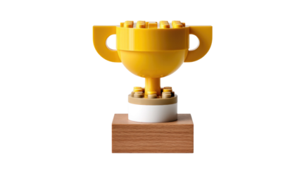Golden Brick Trophy: A stunning studio shot showcases a meticulously crafted golden trophy constructed entirely from toy bricks, highlighting creativity and achievement
