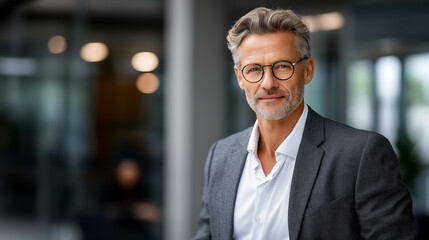 Obraz premium Confident middle-aged businessman with glasses in a professional setting