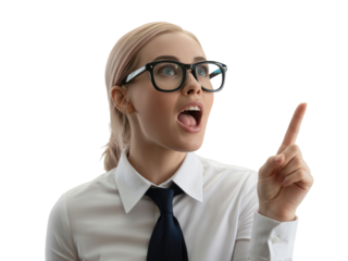 Young blonde woman with glasses pointing finger up with open isolated on white transparent background png jpg business people clipping path cutout 2025 2026 4k full hd poster banner label download
