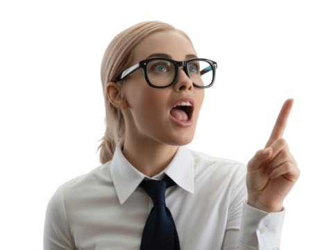 Young blonde woman with glasses pointing finger up with open isolated on white transparent background png jpg business people clipping path cutout 2025 2026 4k full hd poster banner label download
