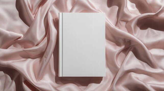 White hardcover book on flowing pink satin fabric with luxurious smooth texture and clean minimalist design evoking romantic high-end editorial feel.