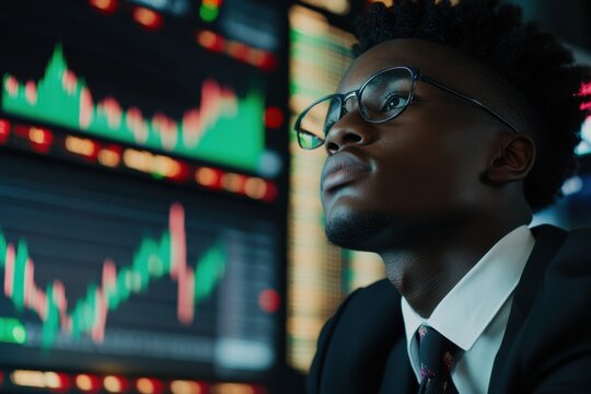 Young Black trader analyzes market fluctuations and discusses currency exchange losses with a diverse team