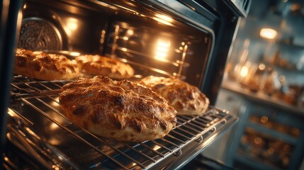 Golden homemade pies baking in the oven for a warm and cozy atmosphere