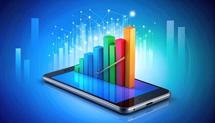 Dynamic 3D Bar Chart Emerging From Smartphone Screen with Data Lines on Blue Background
