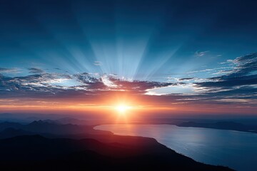 Obraz premium Breathtaking sunrise over mountains and ocean with radiant beams and vibrant colors