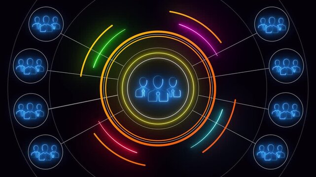 Futuristic Neon Interface with Three Human Icons and Glowing Circular Elements abstract analysis