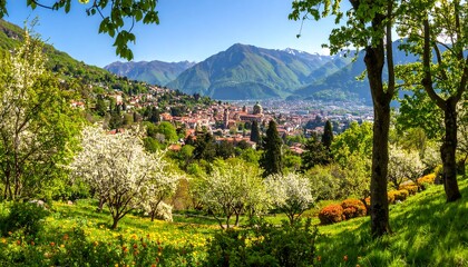 Springtime cityscape framed by blossoming trees