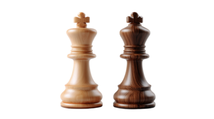 Chess Kings: A photorealistic shot of two chess kings, one light-colored and the other dark, standing in a classic side-by-side position, representing the strategic power and duality.