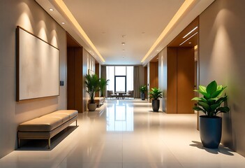 Fototapeta premium Generative AI: Elegant interior corridor with natural light and potted plants, modern design