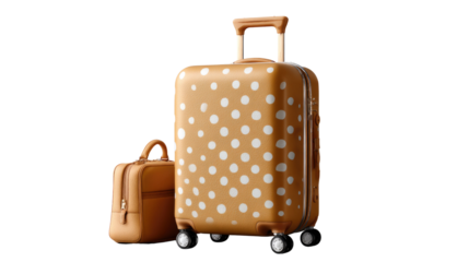 Journey's Beginnings: Two suitcases in a harmonious dance, one adorned with whimsical polka dots and the other, sleek and stylish, standing as beacons of exploration and travel anticipation.