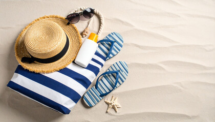 Top view of summer travel beach essentials — striped tote bag, hat, and flip flops on sandy background with copy space, vacation and tropical holiday concept