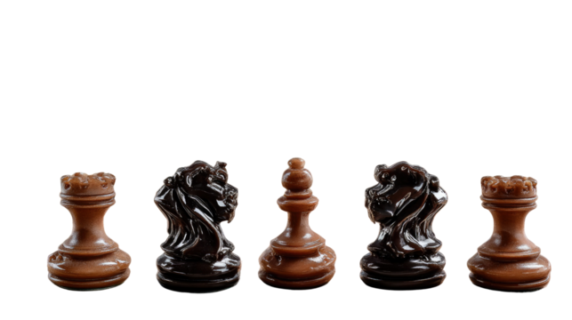 Chess Pieces Lineup: A strategic arrangement of chess pieces, each meticulously carved and positioned. Featuring pawn, rook, knight, bishop, and queen, inviting strategy and competition.