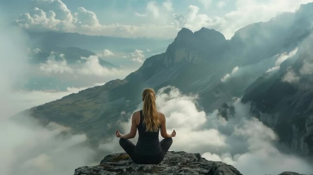 A woman in a meditative pose sits on a rocky peak, surrounded by mountains partially shrouded in mist. Her peaceful posture captures a moment of serene connection with nature.