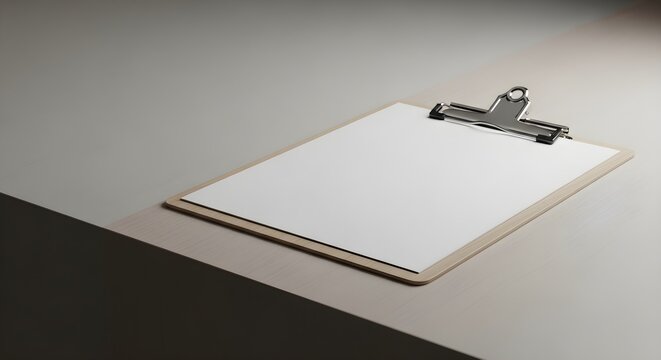Blank clipboard with white paper and silver clip on a light desk empty