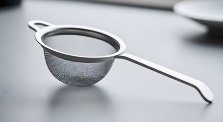 A metal sieve with a fine mesh and long handle rests on a reflective surface