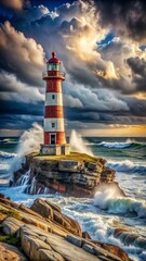 A Solitary Lighthouse on Rocky Coastline &ndash; A towering lighthouse standing alone against dramatic ocean backdrop. Waves crash against the jagged cliffs below, while storm clouds gather in the distance