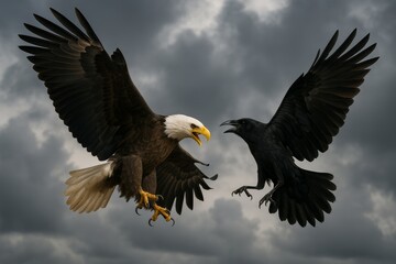 Bald eagle and raven midair confrontation
