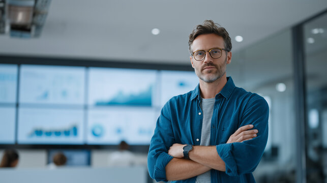 A professional standing in front of a screen with charts, representing data analysis and AI solutions - Powered by Adobe