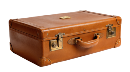 Vintage Leather Suitcase: A meticulously crafted antique brown leather suitcase, exuding a timeless appeal with its sturdy handle, secure latches, and corners, a symbol of travel.