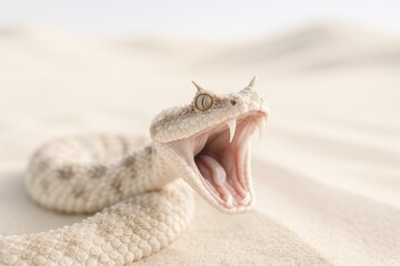 Horned viper showing fangs in desert