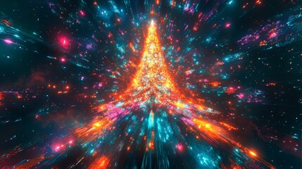 An abstract digital painting of a Christmas tree made of glowing neon lights futuristic holiday design dark background with twinkling stars vibrant colors ultraHD K