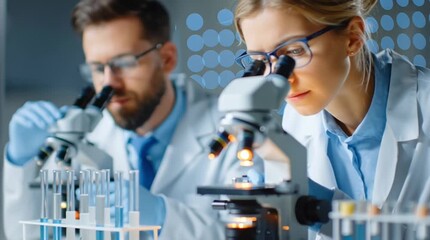 Futuristic laboratory with scientists researching peptides under blue ambient light - Powered by Adobe