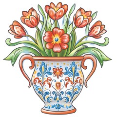 Vibrant orange tulips and a central flower in a decorative vase