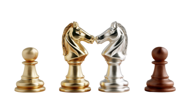 Strategic Alliance: A detailed view of a chessboard composition featuring a striking interplay between golden and silver chess pieces. The photograph showcases a dynamic interplay.