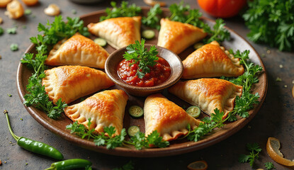 Deliciously golden triangular pastries arranged on a rustic platter with a side of salsa