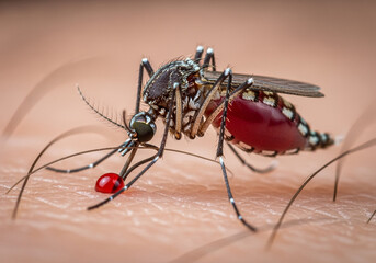 Mosquito sucking blood from human skin, a carrier of disease