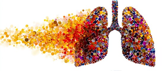 Abstract representation of lungs made up of colorful dots, symbolizing breath and vitality, with a dynamic flow of colors emanating from them.