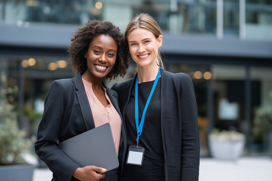 Happy businesswomen standing together with laptop outdoors