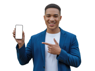 Young man in blue blazer pointing at blank white smartphone isolated on white transparent background png jpg business people clipping path cutout 2025 2026 4k full hd poster banner label download