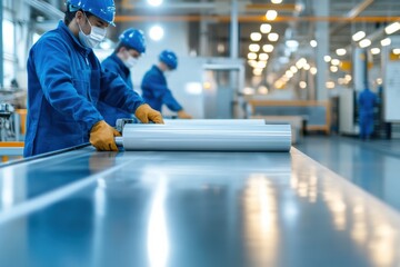 Diverse team applying protective coating in industrial setting for product durability