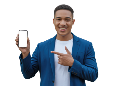 Young man in blue blazer pointing at blank white smartphone isolated on white transparent background png jpg business people clipping path cutout 2025 2026 4k full hd poster banner label download