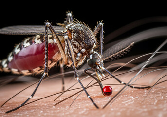 Closeup of mosquito sucking blood from human skin, disease carrier