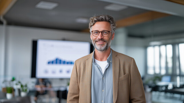 Portrait of a confident mature businessman smiling in a modern office environment